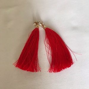 Red fringe earrings with faux diamond details